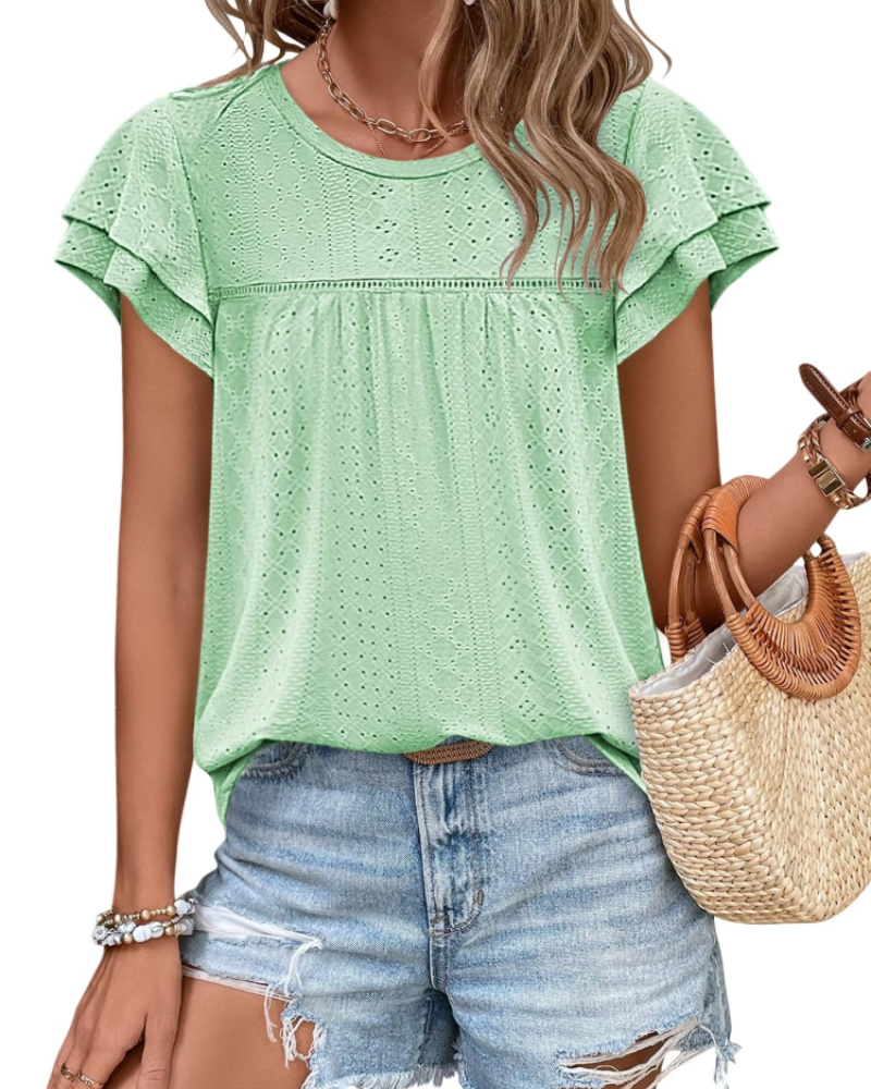 Isara Top Femme – Blouse Eyelet met Volants, Vloeiende Babydoll Pasvorm & Chic Zomerstijl