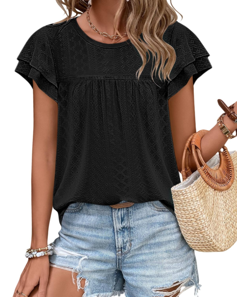 Isara Top Femme – Blouse Eyelet met Volants, Vloeiende Babydoll Pasvorm & Chic Zomerstijl
