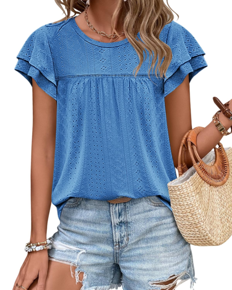 Isara Top Femme – Blouse Eyelet met Volants, Vloeiende Babydoll Pasvorm & Chic Zomerstijl