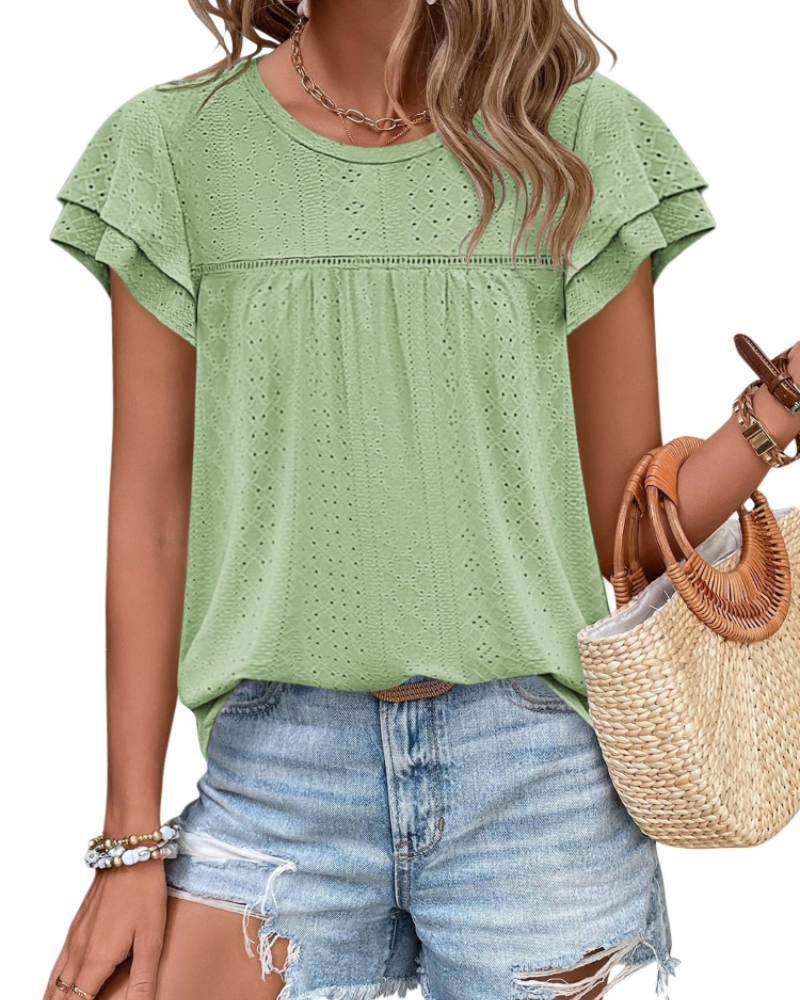 Isara Top Femme – Blouse Eyelet met Volants, Vloeiende Babydoll Pasvorm & Chic Zomerstijl