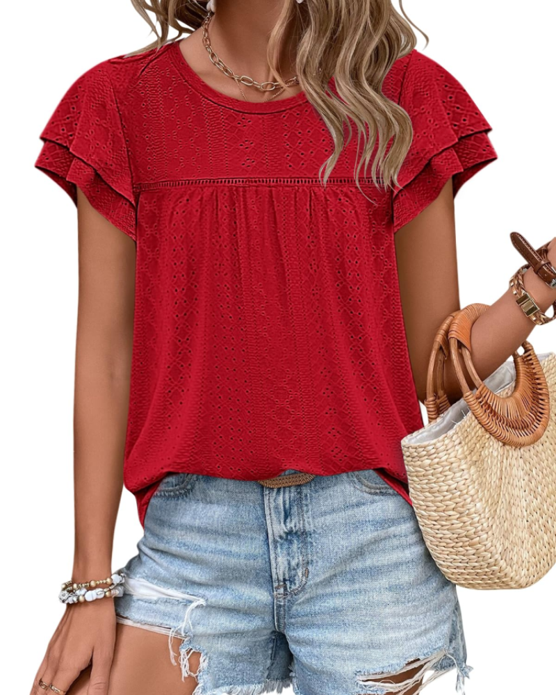 Isara Top Femme – Blouse Eyelet met Volants, Vloeiende Babydoll Pasvorm & Chic Zomerstijl