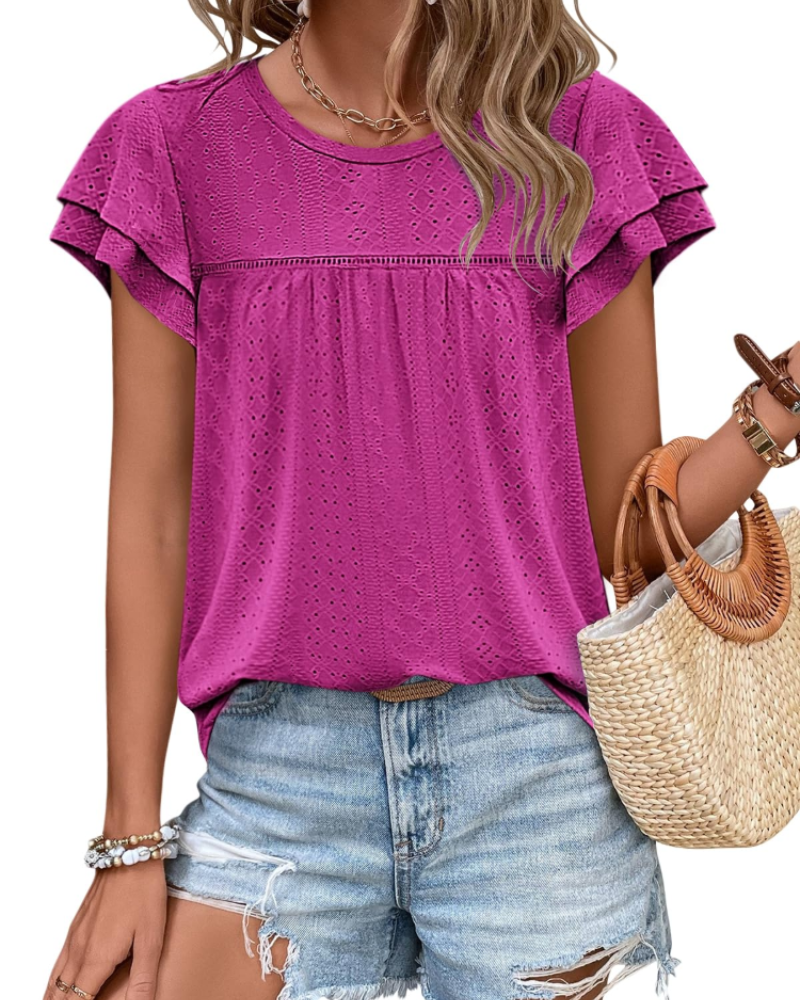 Isara Top Femme – Blouse Eyelet met Volants, Vloeiende Babydoll Pasvorm & Chic Zomerstijl