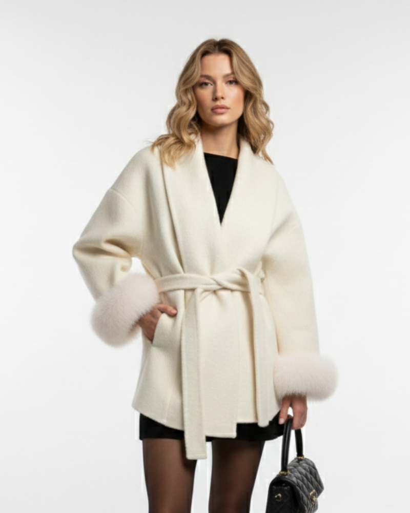 Galea Dea Studios Damefrakk – Ullfrakk med sjalskrage, belte og mansjetter i kunstpels