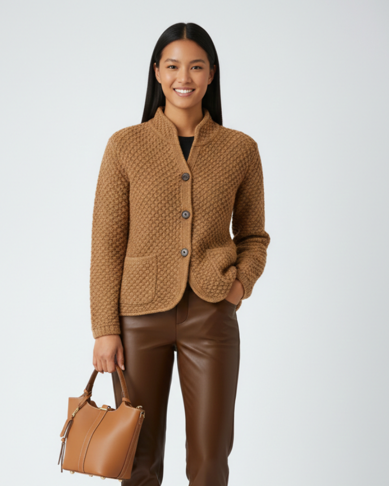 Lacy Damevest – Elegant Cardigan med Høj Krave, Knapper og Lommer