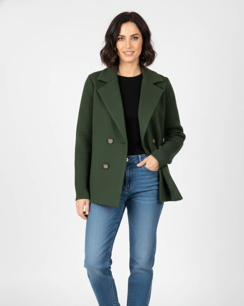 Charina ženski sako od trikotaže – dvoredno kopčanje s reverom i dugim rukavima