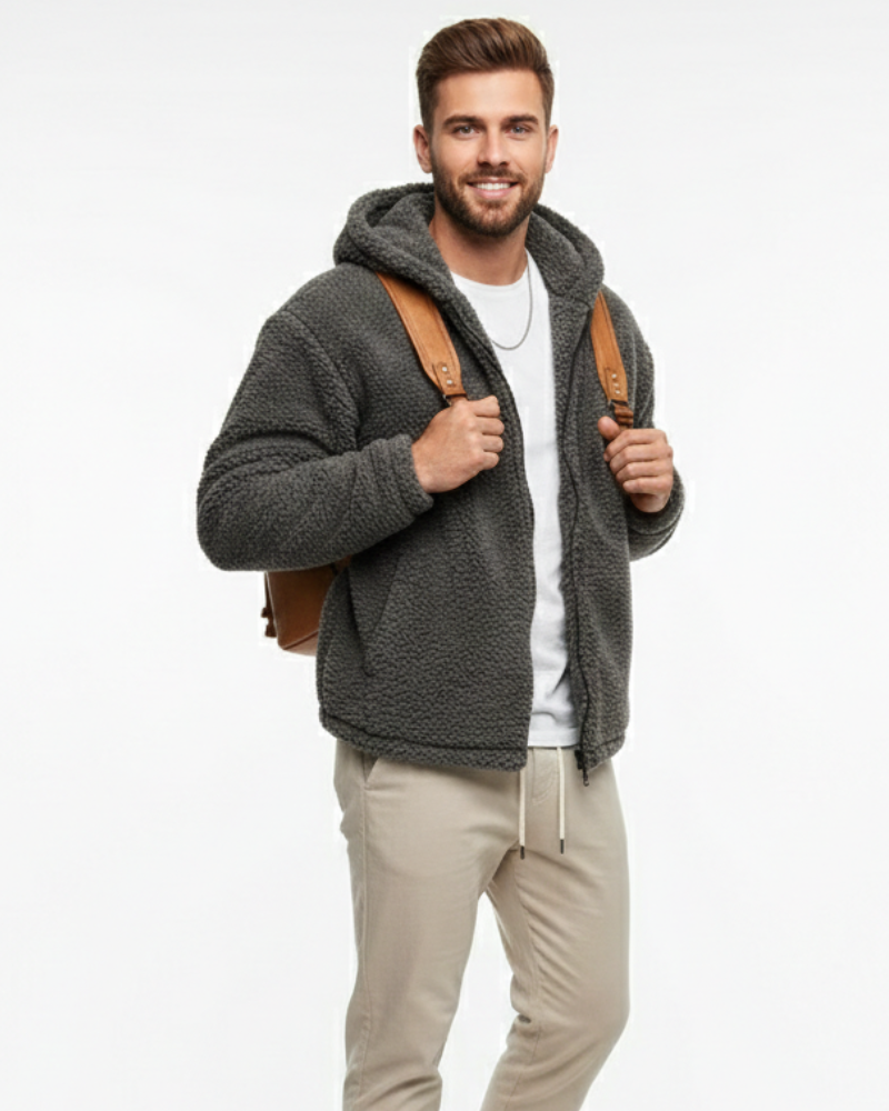 Lucio Veste Teddy Męska – Ciepły Polar z Kapturem, Zamkiem Błyskawicznym i Zabezpieczonymi Kieszeniami