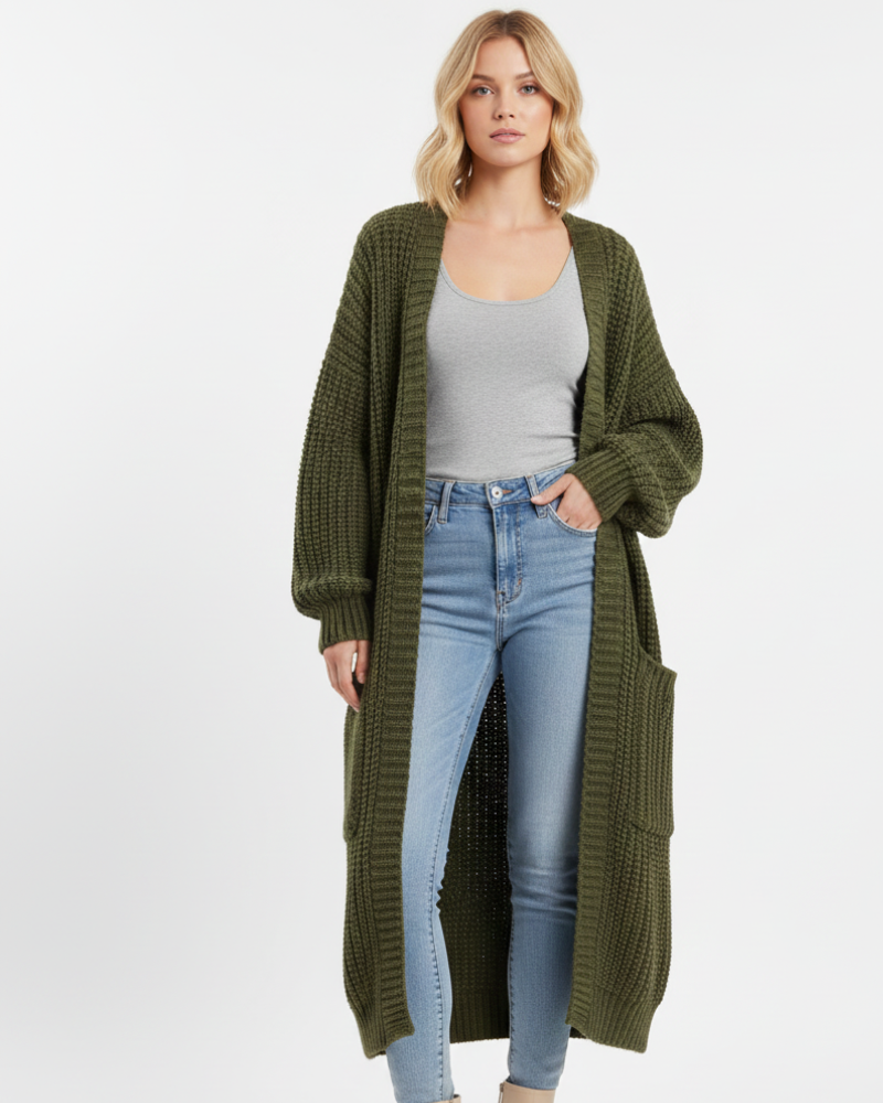 Erca naisten pitkä neuleliivi – väljälahkeinen tyylikäs neuletakki kevääseen, syksyyn ja talveen