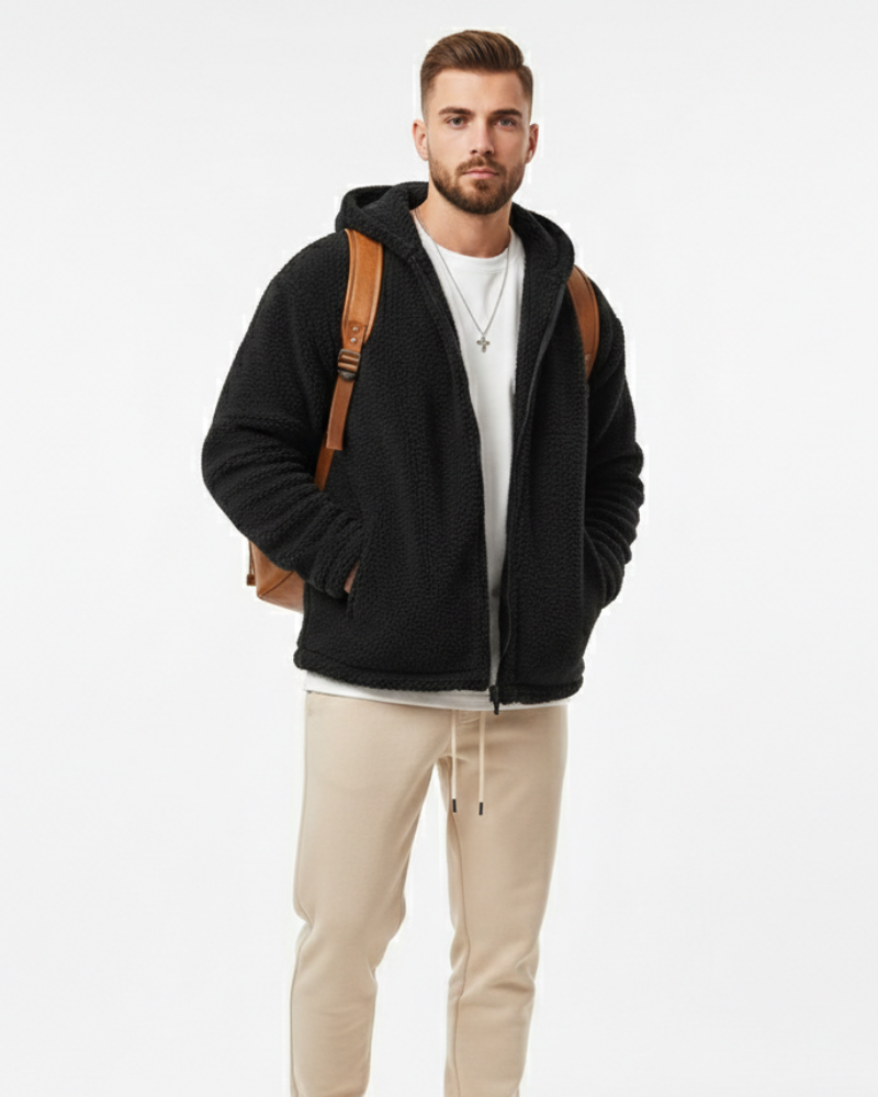 Lucio Veste Teddy Męska – Ciepły Polar z Kapturem, Zamkiem Błyskawicznym i Zabezpieczonymi Kieszeniami