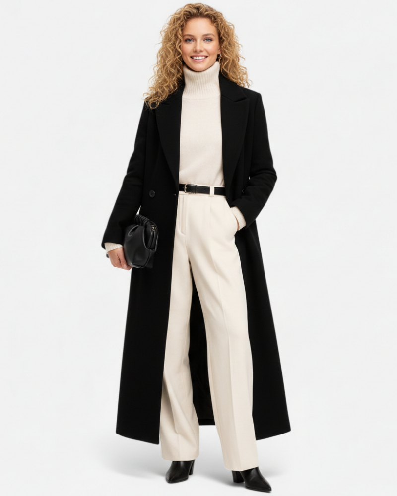 Isolde Mantel Lang Schwarz Damen – Eleganter Schnitt mit Klassischem Reverskragen & Schickem Knopfverschluss