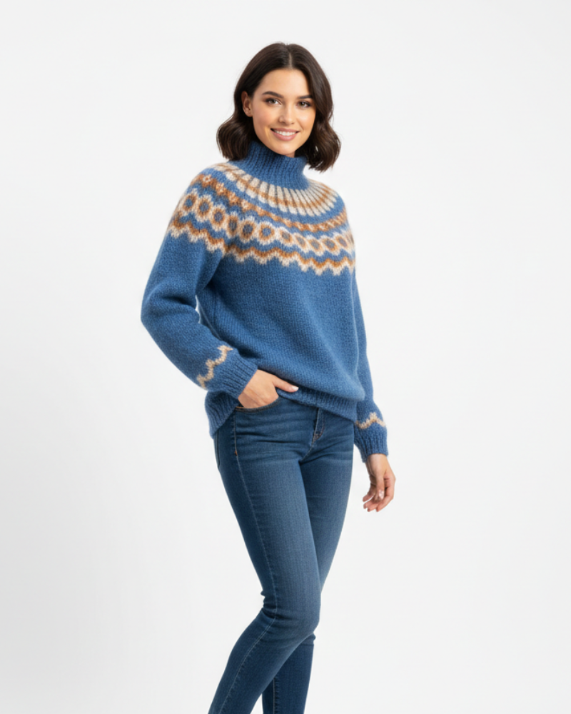 Yssa Pull Islandais Femme – Tricot Mohair 100% Coupe Ample avec Motif Nordique