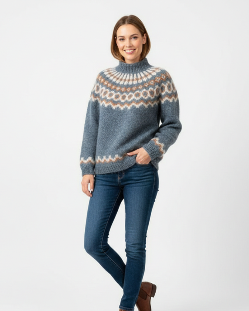 Yssa Pull Islandais Femme – Tricot Mohair 100% Coupe Ample avec Motif Nordique