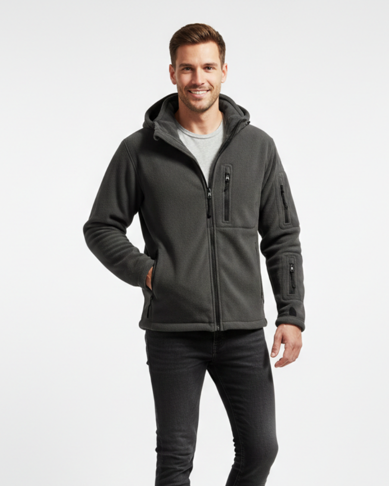 Hunter miesten lämmin fleecetakki – ulkoilutakki hupulla ja taskuilla, sotilastyyliin