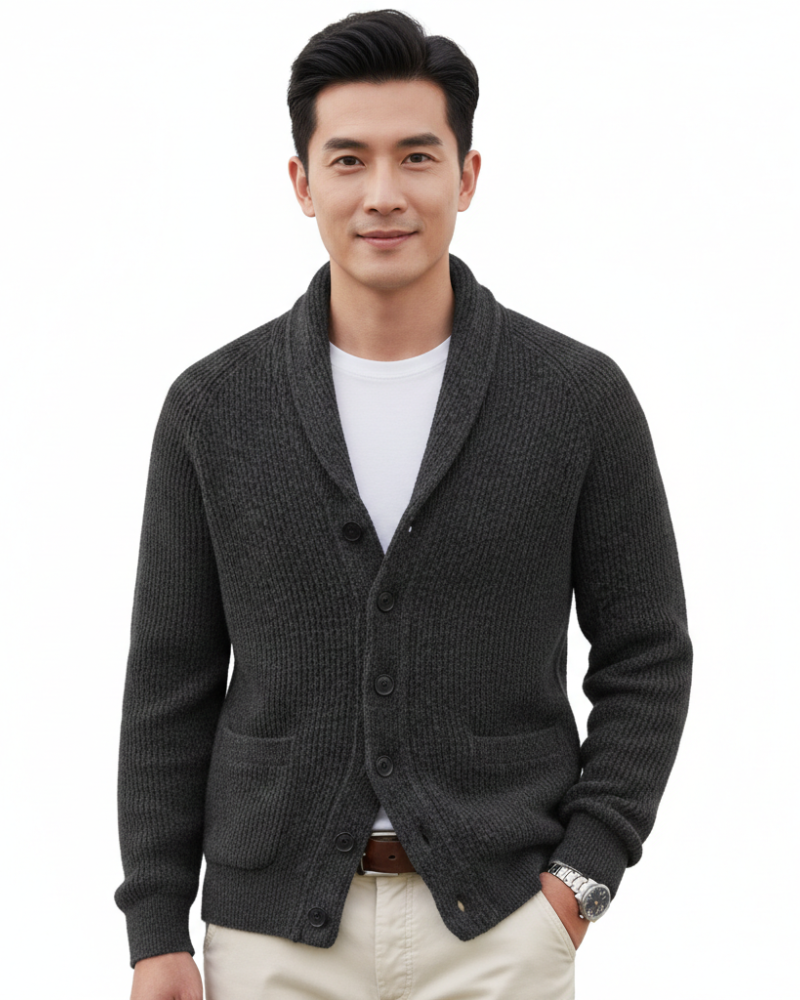 Victorino Kamizelka Męska z Wełny – Kardigan w Paski z Dekoltem w Serek, Guzikami i Kieszeniami