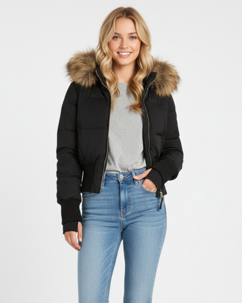 Gracie Gewatteerde Damesjas – Korte Winterjas met Afneembare Capuchon & Imitatiebont