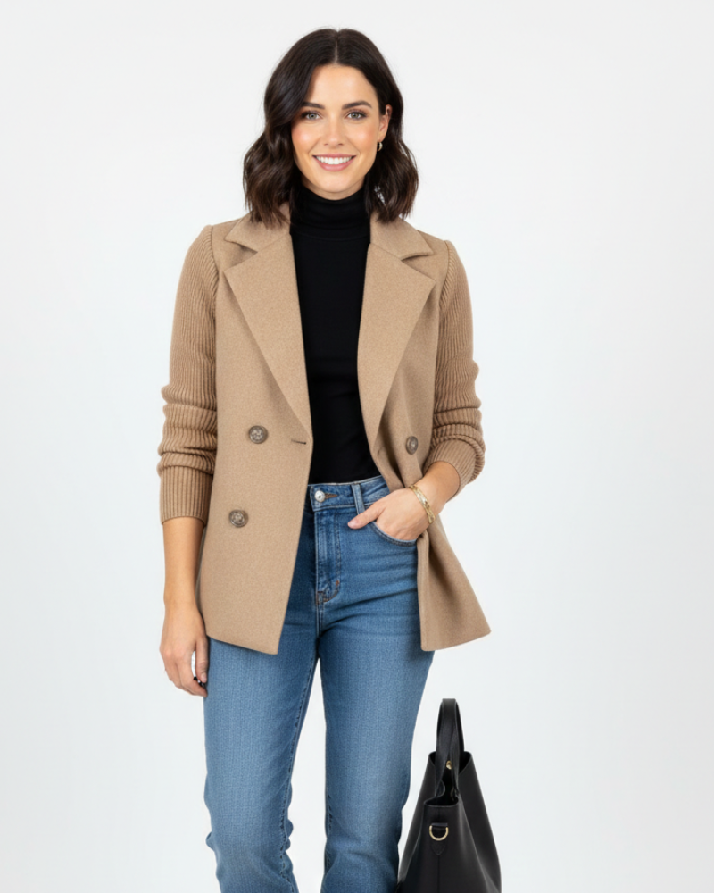 Charina női blézer kötött anyagból – dupla gombolású kabát hajtókával és hosszú ujjakkal
