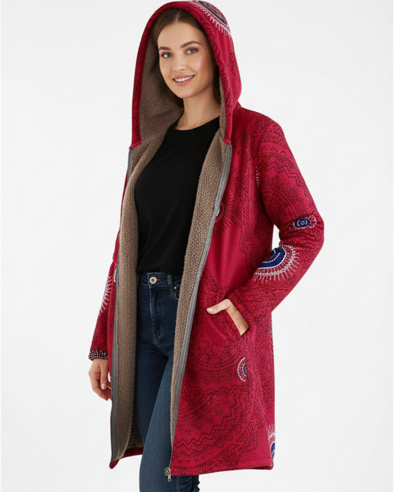 Naomi Parka pentru femei călduroasă boemă – palton căptușit cu sherpa cu glugă și model geometric