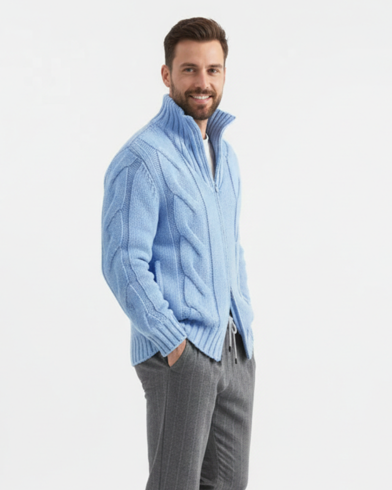 Чоловічий кардиган Doni на блискавці – однотонний в'язаний жилет із високим коміром і зручним кроєм