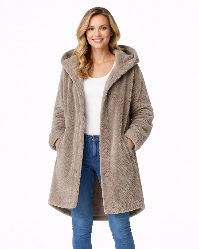 Sonia Damen Fleece-Bademantel mit Kapuze – Weiches & Warmes Komfort-Schnitt Hauskleid