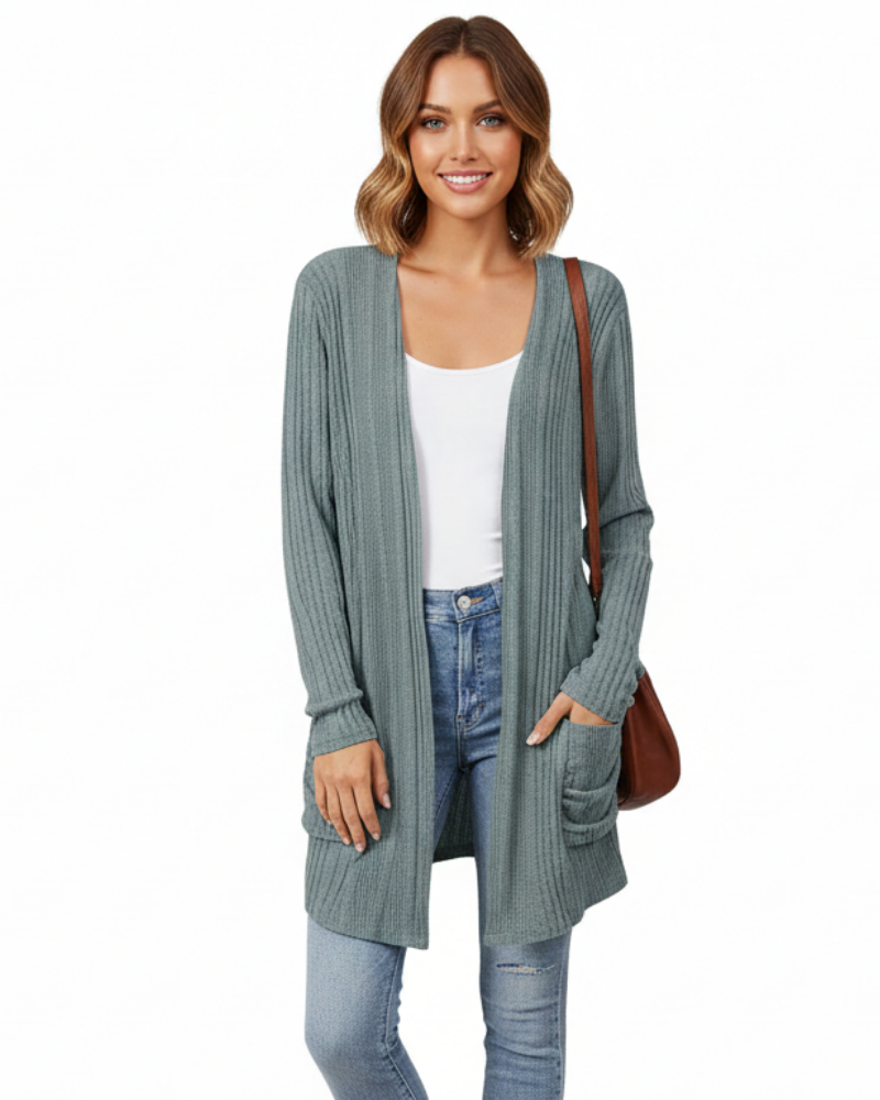 Isabelle-neuletakki pitkä naisille – avoin resorineuletakki taskuilla ja väljä leikkaus