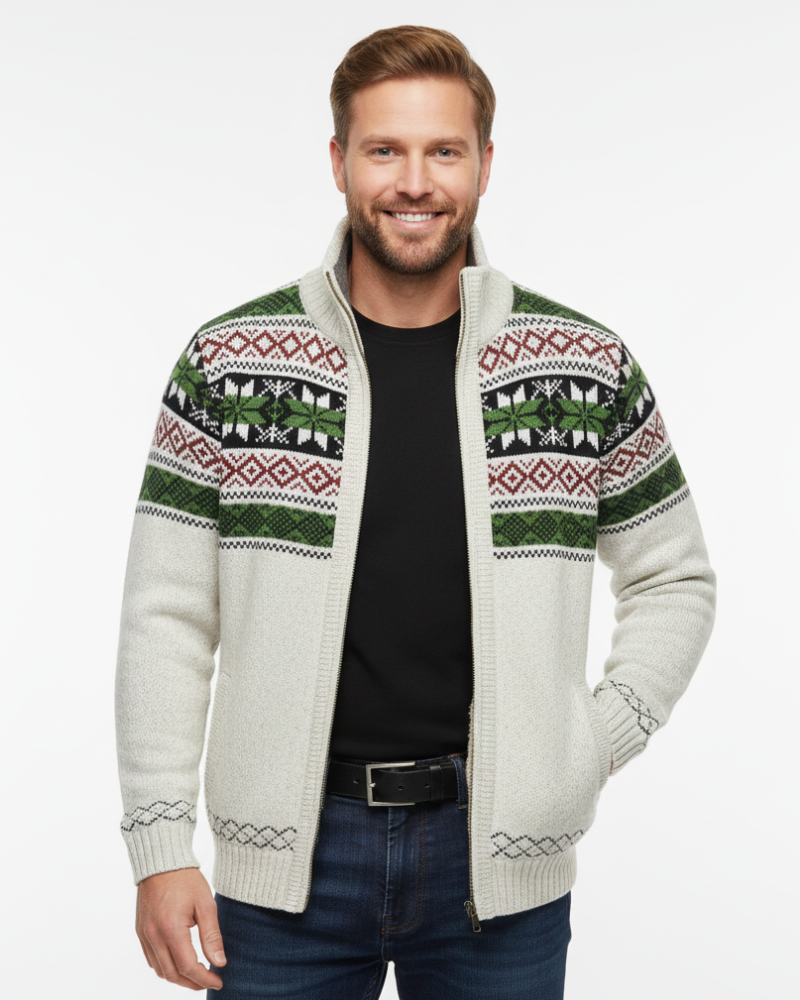Moris Gilet Fleece Homme – Veste Jacquard Hiver à Col Haut & Motifs Scandinaves