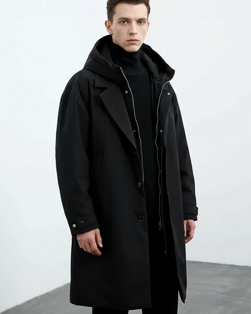 Pánský dlouhý nepromokavý kabát Damian Trench – prošívaná podšívka, kapuce a zimní teplo
