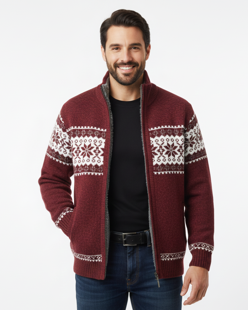 Moris Gilet Fleece Homme – Veste Jacquard Hiver à Col Haut & Motifs Scandinaves