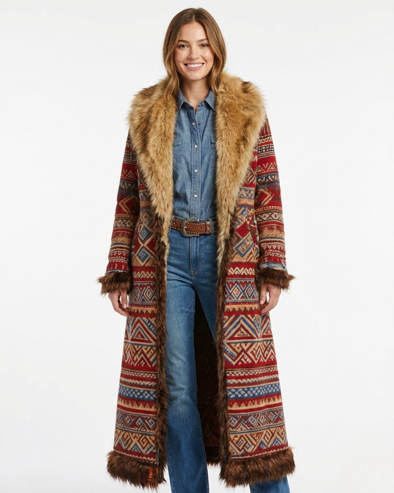 Isabella Manteau Long Damski Boho – Ciepły Płaszcz z Etnicznym Wzorem z Kołnierzem z Sztucznego Futra