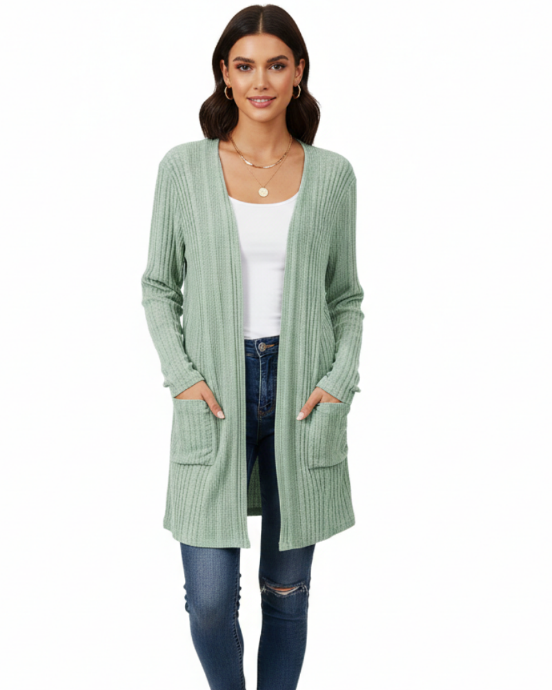 Isabelle-neuletakki pitkä naisille – avoin resorineuletakki taskuilla ja väljä leikkaus