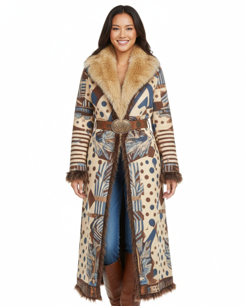 Isabella Manteau Long Damski Boho – Ciepły Płaszcz z Etnicznym Wzorem z Kołnierzem z Sztucznego Futra