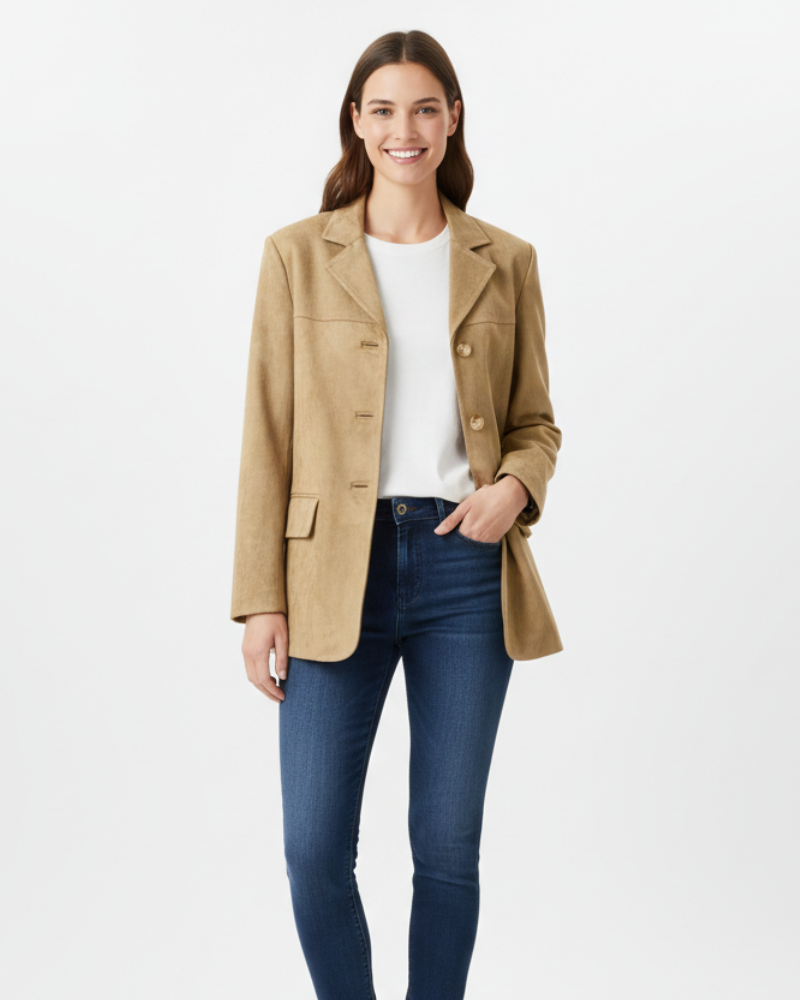 Calliope Blazer en Daim Synthétique Femme – Revers Classiques, Coupe Droite & Style Élégant