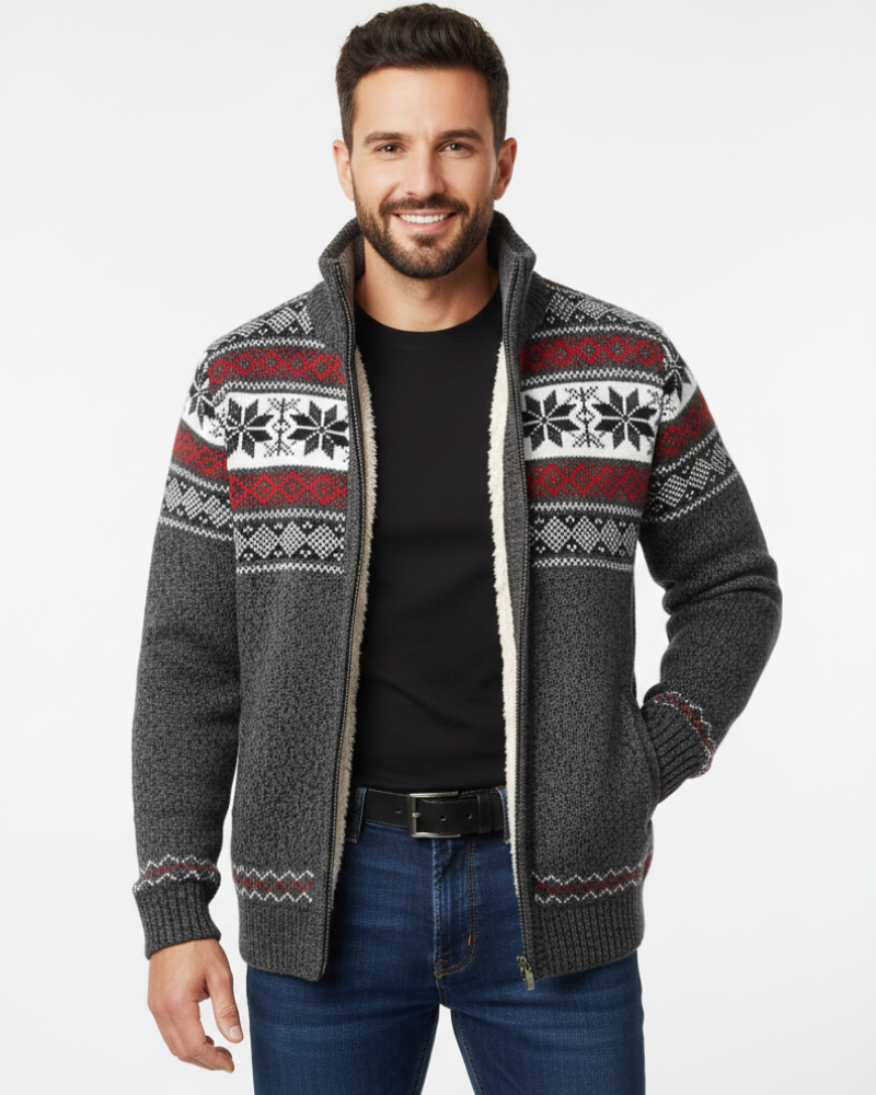 Moris Gilet Fleece Homme – Veste Jacquard Hiver à Col Haut & Motifs Scandinaves