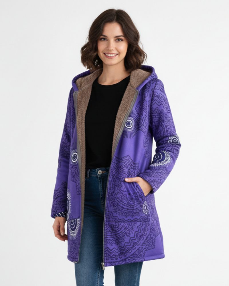 Naomi Damenparka Warm Boho – Sherpa-gefütterter Mantel mit Kapuze & geometrischem Muster