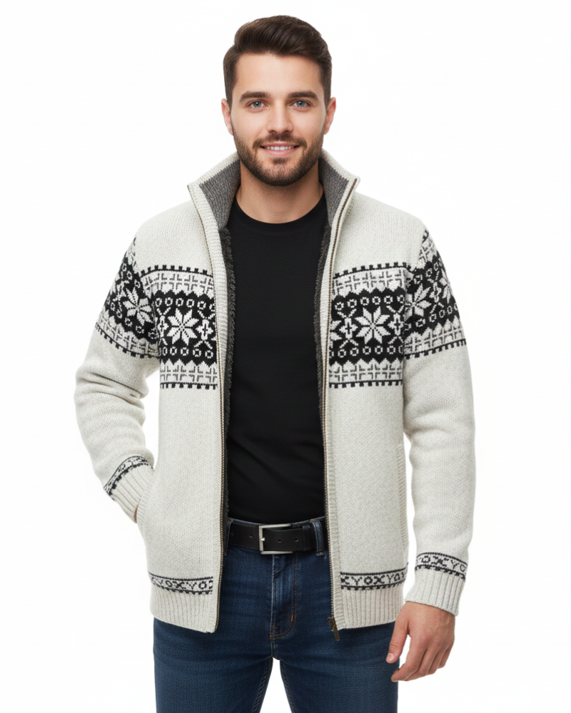 Moris Gilet Fleece Homme – Veste Jacquard Hiver à Col Haut & Motifs Scandinaves