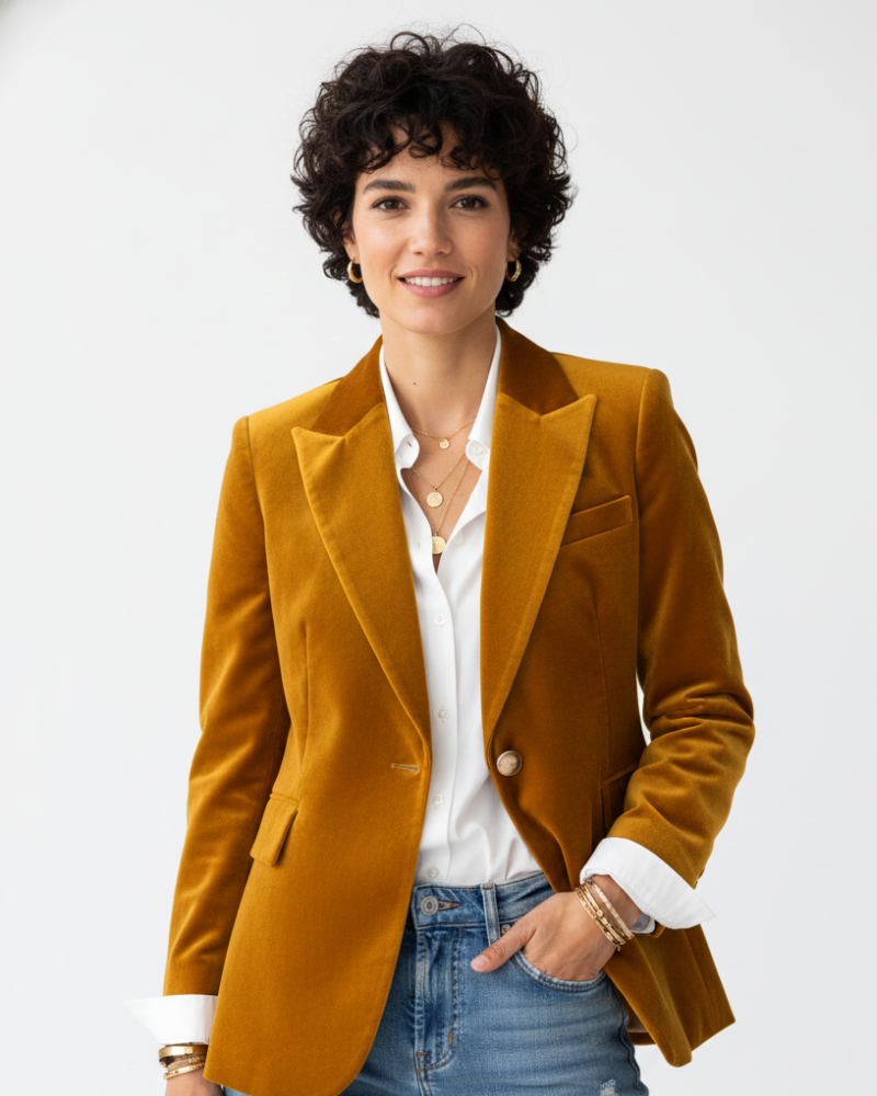 Haydee Blazer Velours Femme – Veste Chic Vert avec Boutons Dorés & Coupe Élégante