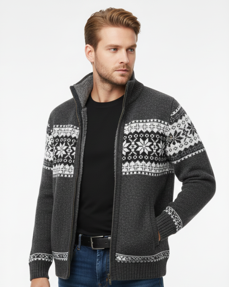 Moris Gilet Fleece Homme – Veste Jacquard Hiver à Col Haut & Motifs Scandinaves