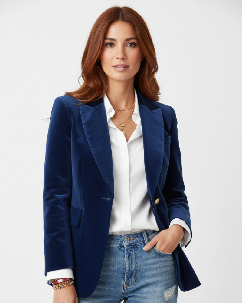 Haydee Blazer Velours Femme – Veste Chic Vert avec Boutons Dorés & Coupe Élégante