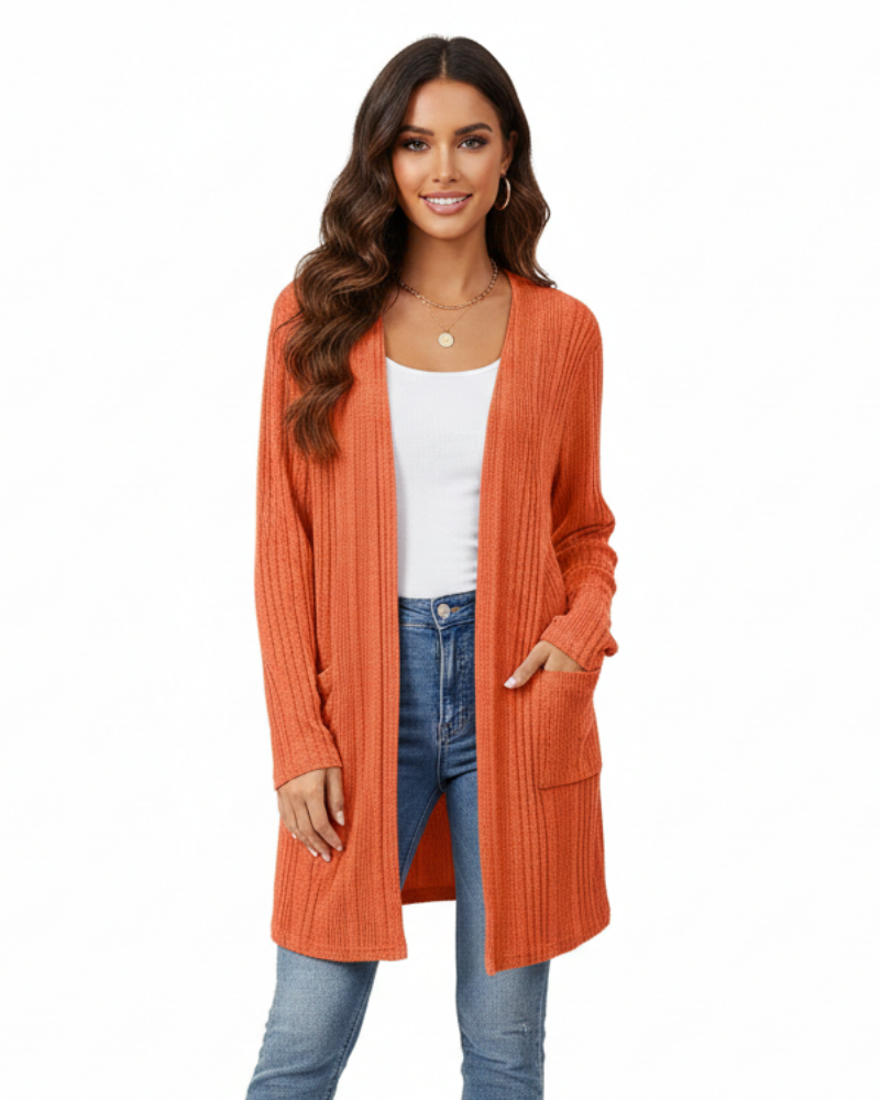 Isabelle-neuletakki pitkä naisille – avoin resorineuletakki taskuilla ja väljä leikkaus