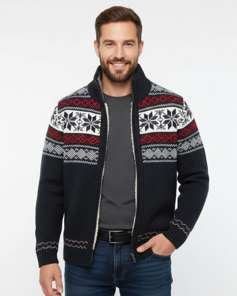 Moris Gilet Fleece Homme – Veste Jacquard Hiver à Col Haut & Motifs Scandinaves