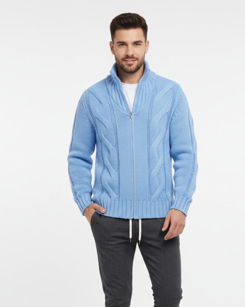 Pánský zipový cardigan Doni – jednobarevný pletený svetr s vysokým límcem a pohodlným střihem