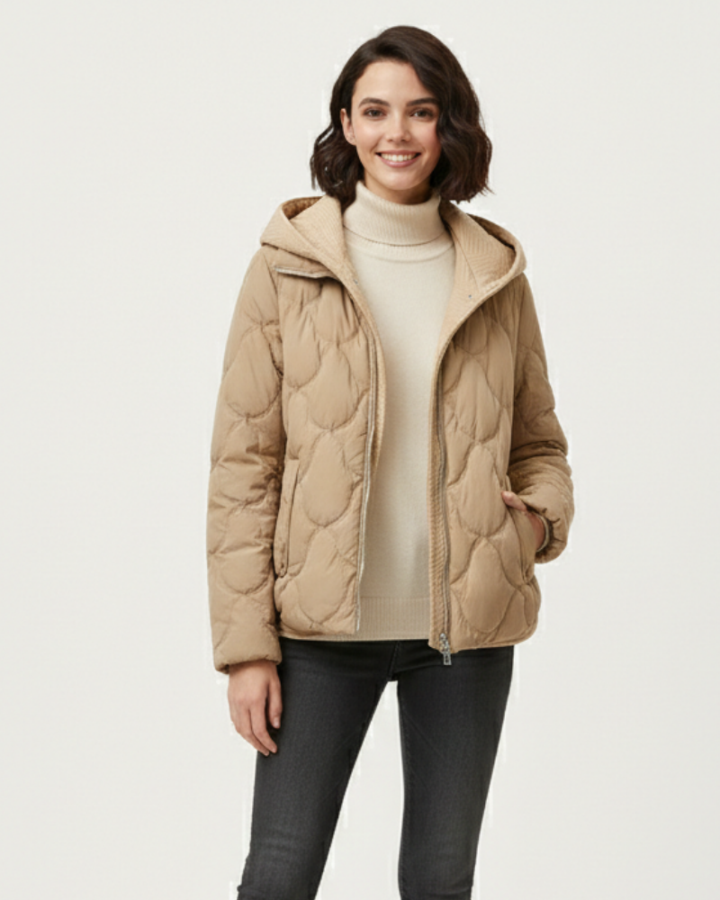 Oline Short Puffer Jacket for Women – Elegant Quilted Coat with Hood & Zipper Closure