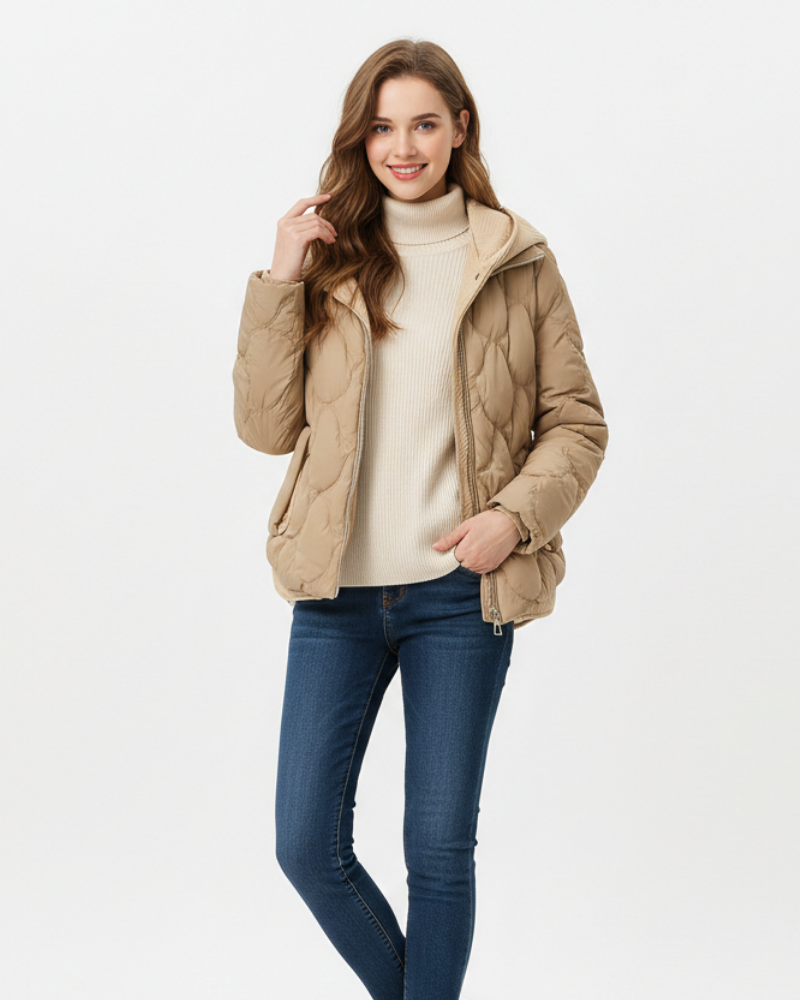 Oline Short Puffer Jacket for Women – Elegant Quilted Coat with Hood & Zipper Closure