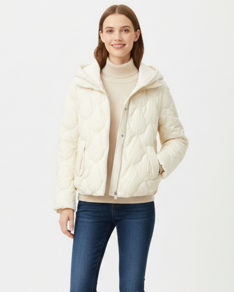 Oline Short Puffer Jacket for Women – Elegant Quilted Coat with Hood & Zipper Closure