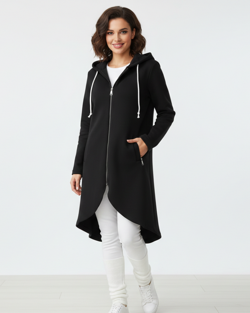 Nuvina Veste Hoodie Lang Dame – Casual Jakke med Lynlås, Hætte & Løs Pasform