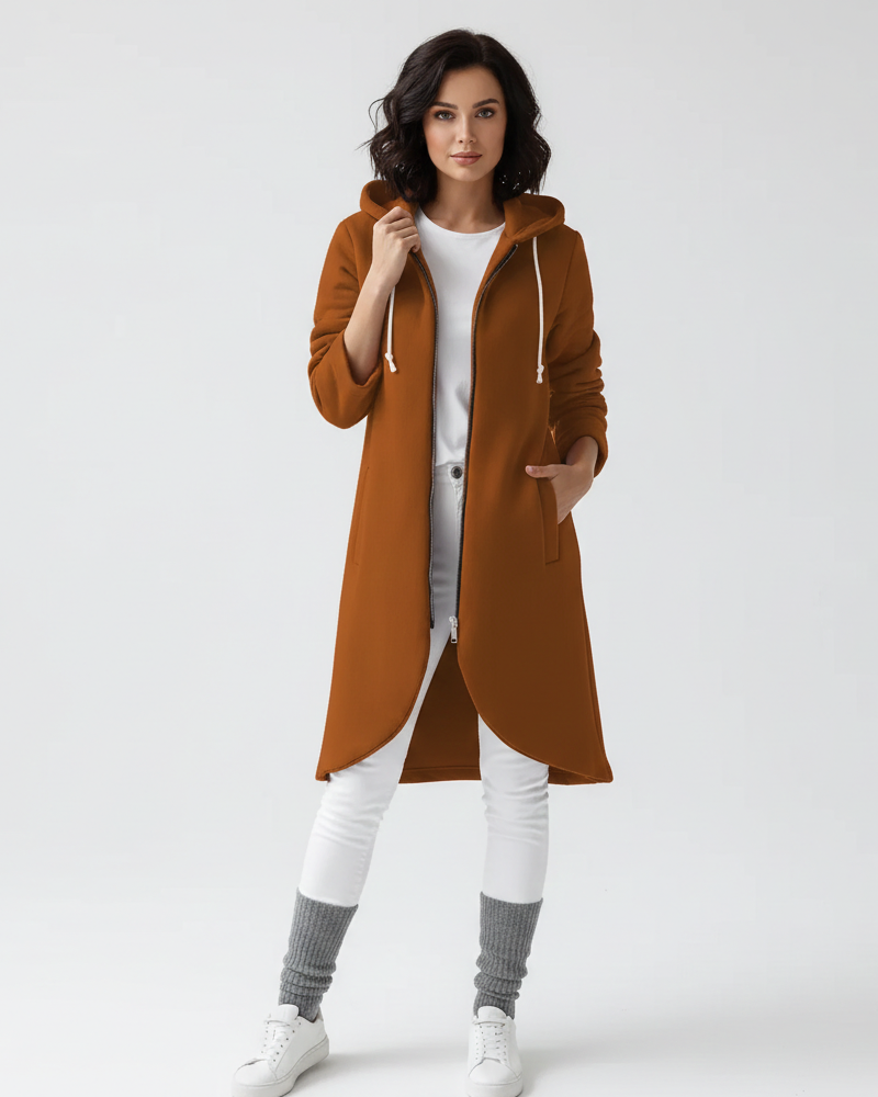 Nuvina Veste Hoodie Lang Dame – Casual Jakke med Lynlås, Hætte & Løs Pasform
