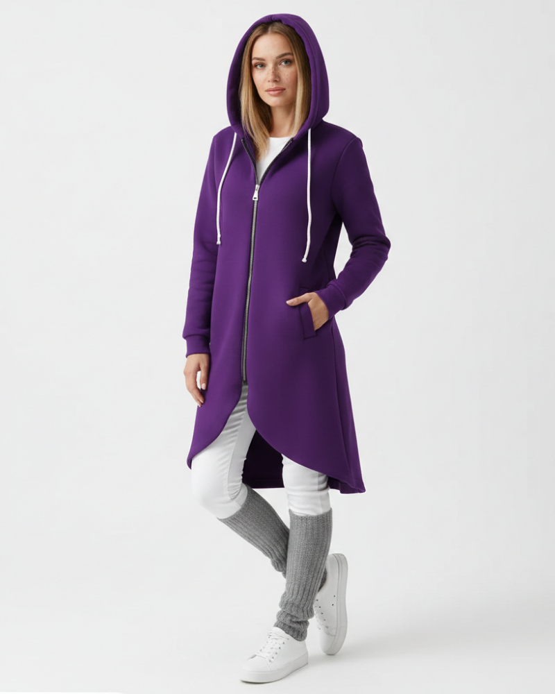 Nuvina Veste Hoodie Lang Dame – Casual Jakke med Lynlås, Hætte & Løs Pasform