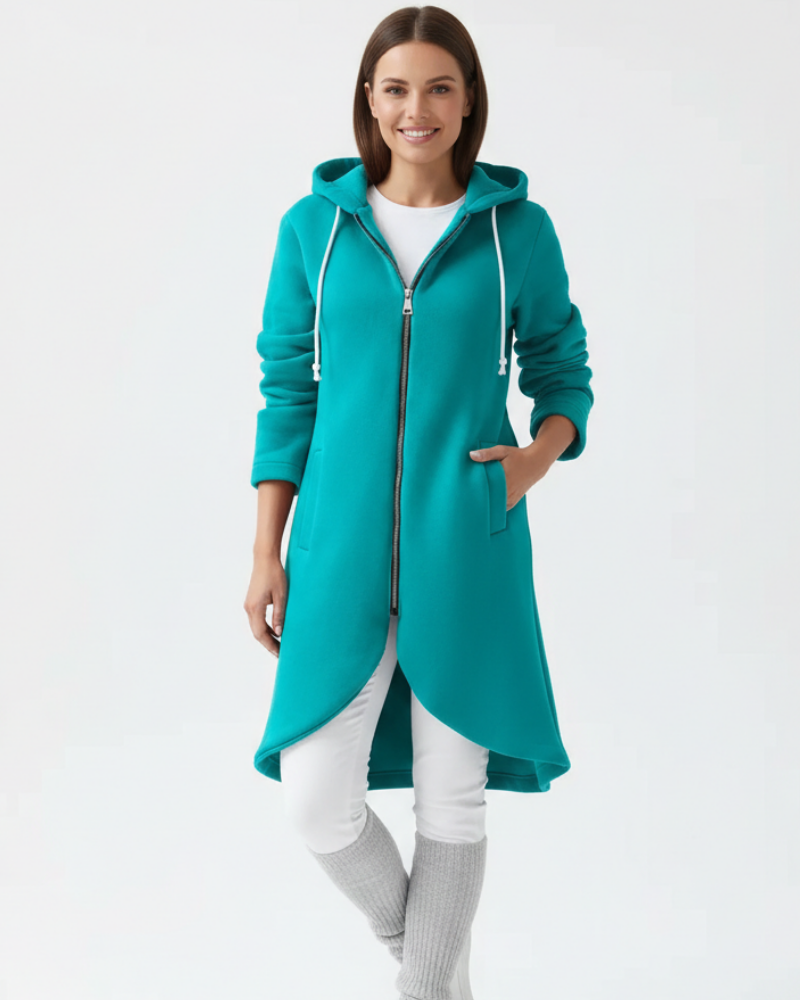 Nuvina Veste Hoodie Lang Dame – Casual Jakke med Lynlås, Hætte & Løs Pasform