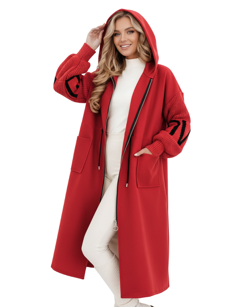 Ava Patchwork Damenjacke – Wasserabweisender Taillierter Mantel mit Kapuze & Strickärmeln