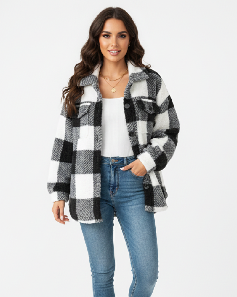 Ariana Kurtka Zimowa Damska – Ciepła i Swobodna Kurtka z Pluszu w Kratę