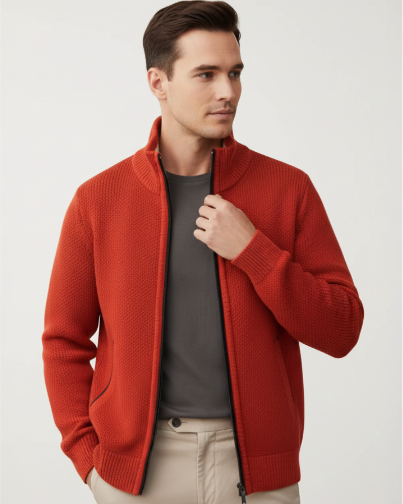 Vesta cu fermoar pentru bărbați Jeffrey – Pulover gros din tricot cu guler înalt și căptușeală călduroasă