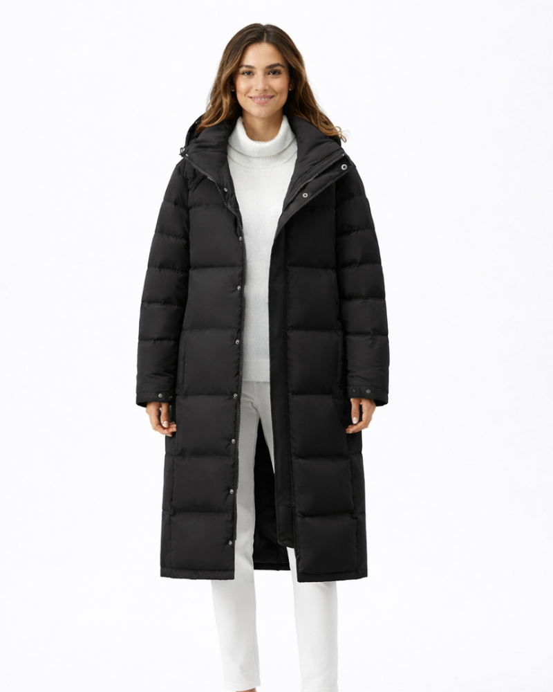 Zahra Langer Wintermantel Damen – Warme Steppjacke mit Kapuze und hohem Kragen